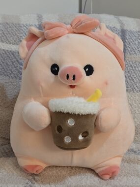 Pink Plush Pig Holding BobaCute Soft Stuffed Animal